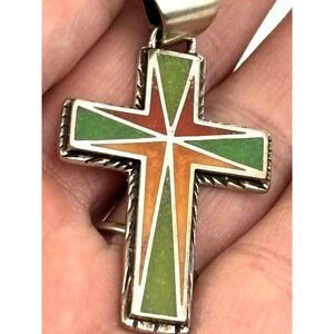 Carolyn Pollack Sterling Silver Multi Gemstone Inlay Cross Pendant 10g Relios